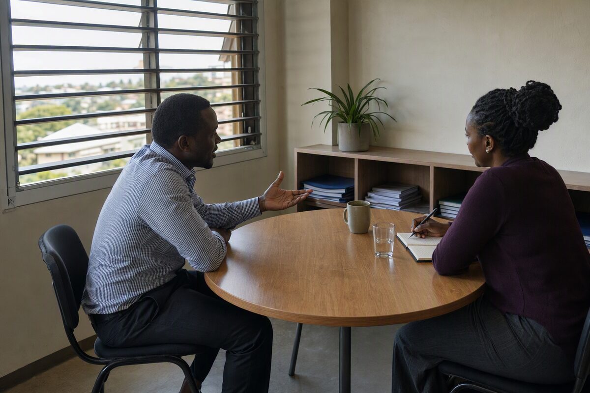 Two colleagues in conversation at a table, Kampala