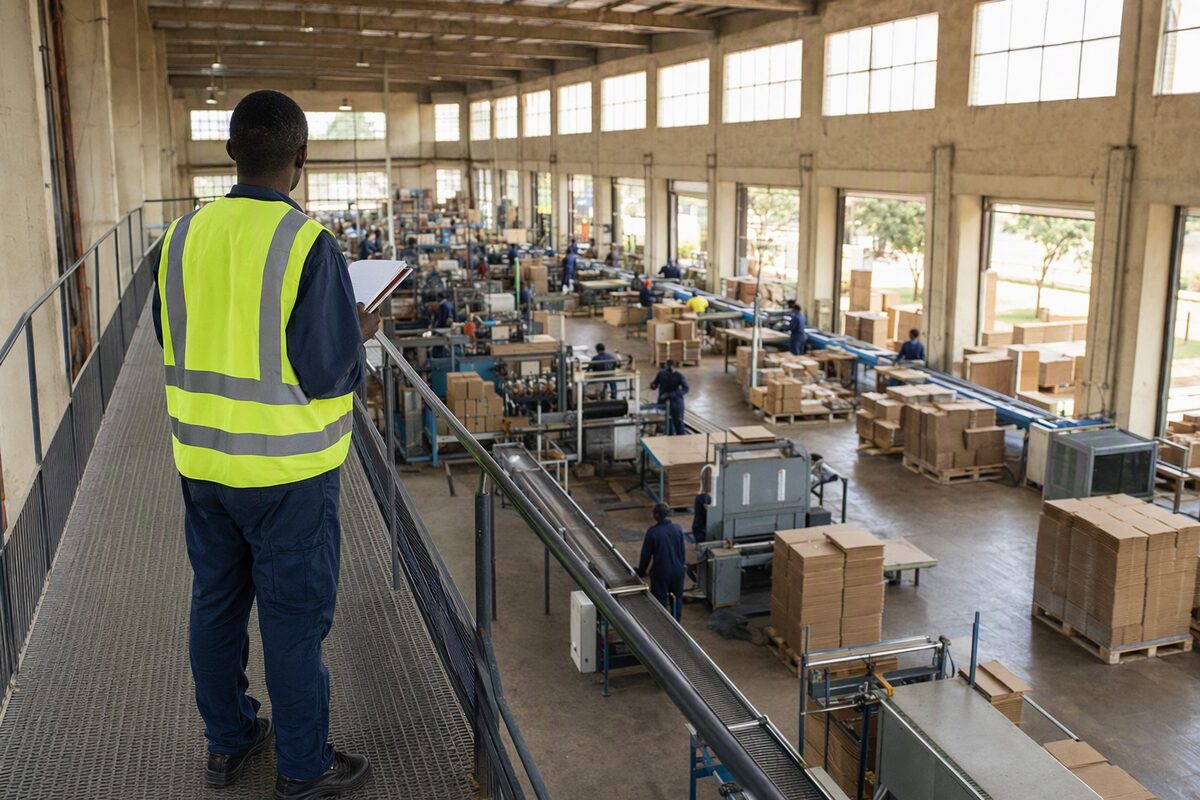 A manager on a walkway above a production floor