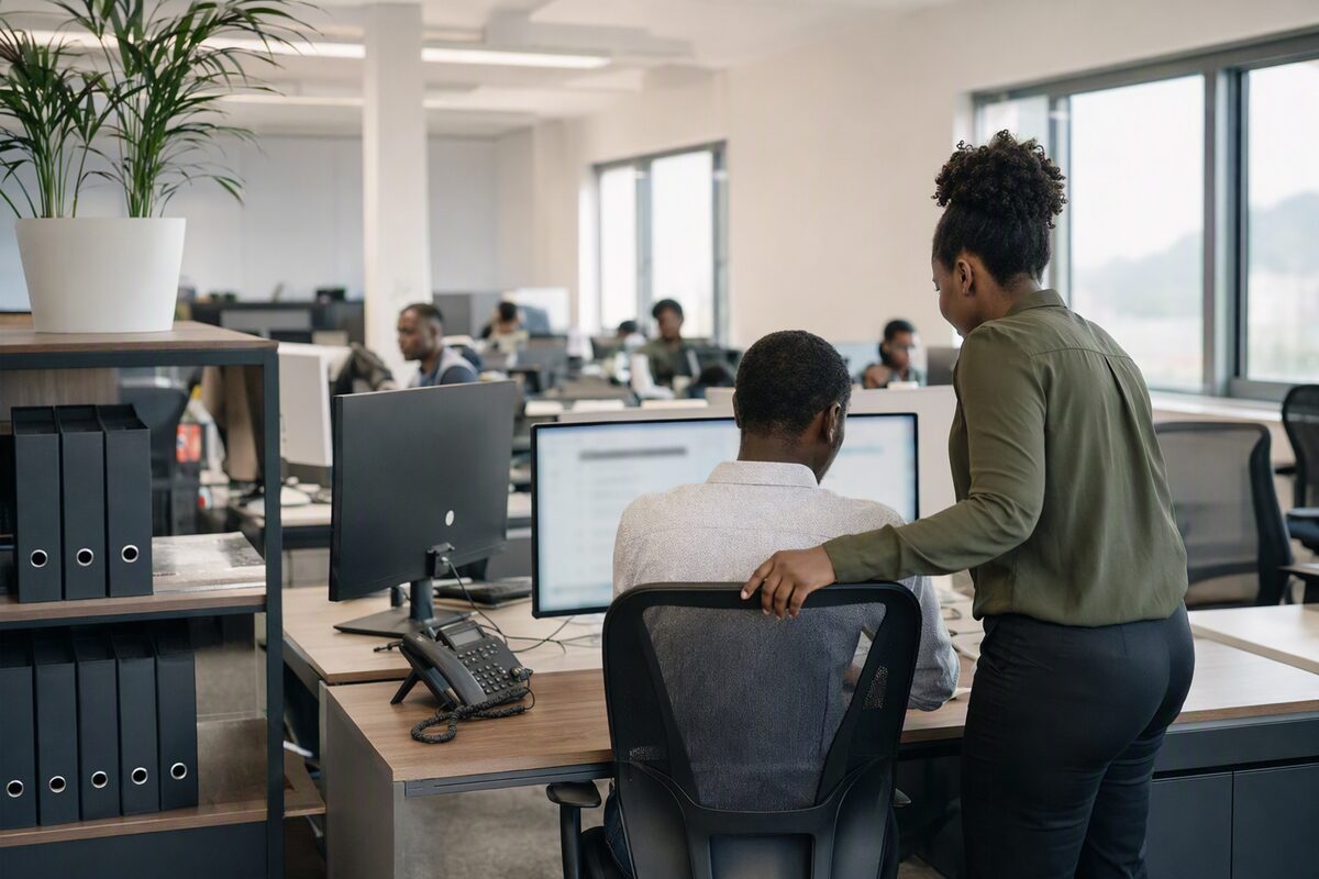Two colleagues at one monitor